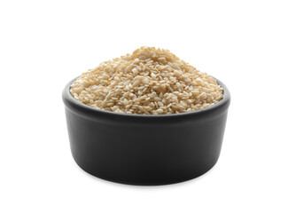 Ceramic bowl with sesame seeds on white background