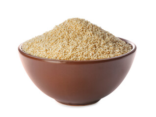 Ceramic bowl with sesame seeds on white background