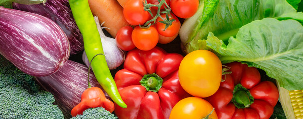 Fresh juicy organic vegetables close-up. Background from organic vegetables. Banner.