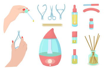 vector illustration on the theme of manicure and pedicure tools, isolated on a white background