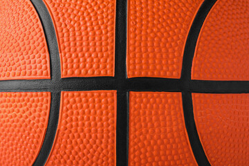 Fototapeta premium Orange ball as background, closeup. Basketball equipment