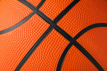 Fototapeta premium Orange ball as background, closeup. Basketball equipment