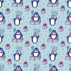 Birthday seamless pattern with funny penguins. Celebratory background. Holiday party wallpaper.
