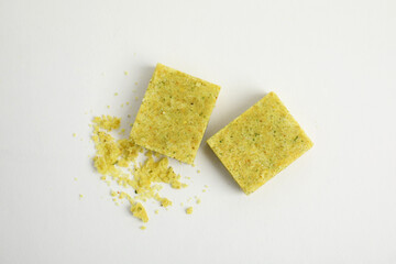 Bouillon cubes on white background, top view
