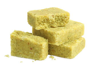 Bouillon cubes on white background. Broth concentrate