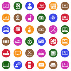 Computer Repair Icons. White Flat Design In Circle. Vector Illustration.
