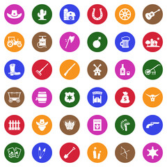 Cowboy Icons. White Flat Design In Circle. Vector Illustration.