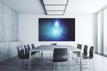 Creative light bulb with chip hologram on presentation monitor in a modern boardroom, artificial Intelligence and neural networks concept. 3D Rendering