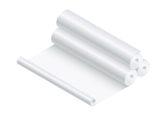 Isometric vector illustration blank paper rolls mock up isolated on white background. Realistic paper rolls or fabric rolls icon in flat cartoon style. White textile or paper rolls mockup template.