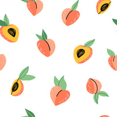 Cute hand-drawn peach fruit seamless pattern.Cartoon isolated illustration for textile, fabric, wrapping paper and other