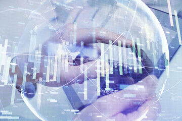 Double exposure of man's hands holding and using a phone and international business theme drawing.