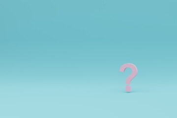 Pink floating question mark on cyan background 3D rendering