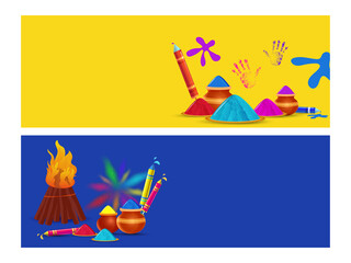 Yellow And Blue Header Or Banner Design With Holi Festival Elements In Two Options.