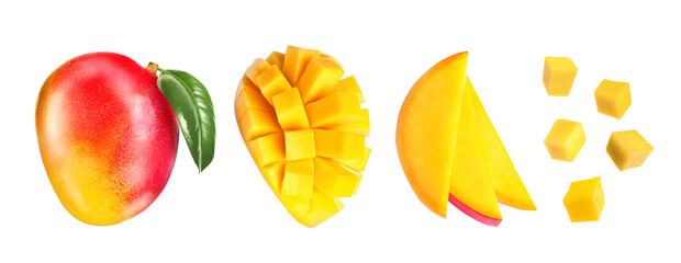 Set with sweet ripe mangoes on white background. Banner design