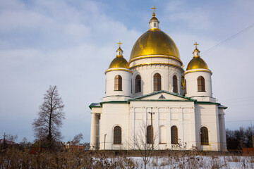 Fototapeta na wymiar Golden domed Trinity Cathedral, main Orthodox church in city of Morshansk in Tambov region in winter, Russia