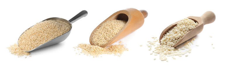 Set with sesame seeds on white background. Banner design