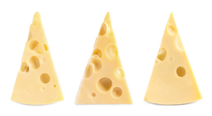 Set with pieces of delicious cheese on white background. Banner design