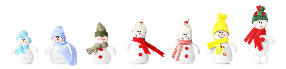 Set with cute small snowman toys on white background. Banner design