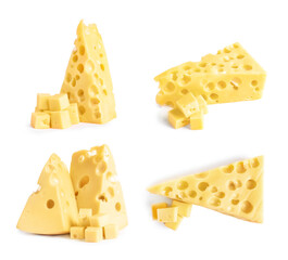 Set with pieces of delicious cheese on white background