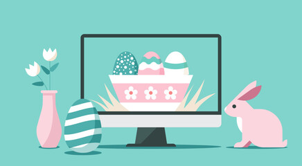 Happy Easter day via online on computer concept, vector flat illustration