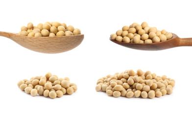 Set with soya beans on white background