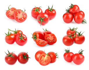 Set with fresh organic cherry tomatoes on white background