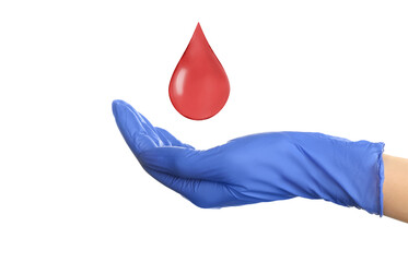 Doctor and drop of blood on white background, closeup. Anemia concept
