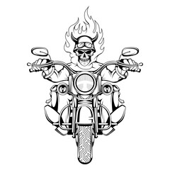 Burning Skull. Evil person. Skull Biker Sits On A Bike. Skull riding a motorcycle. Tattoo. Biker party. Vector graphics to design