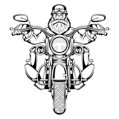 Biker Man Sits On A Bike. Man riding a motorcycle. Bearded biker man. Tattoo. Biker party. Male face with the scar. Evil person. Vector graphics to design