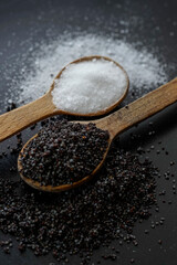 wooden spoons with sea salt and poppy seeds