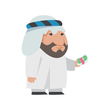 Successful Arab man in white clothes.  cartoon Islamic businessman dressed in traditional clothes.