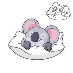 Cute Happy Koala Sleeping with Line Art Drawing, Animal, Vector Character Illustration Mascot Logo in Isolated White Background.