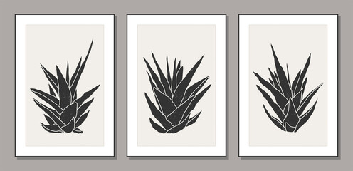 Set of minimalist botanical line art compositions with leaves abstract collage