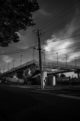 Black and white photo of a bridge