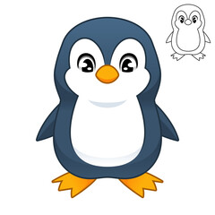 Cute Adorable Baby Penguin with Line Art Drawing, Animal Birds, Vector Character Illustration Mascot Logo in Isolated White Background.