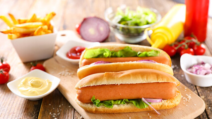 hot dog- sandwich with sausage and lettuce with sauce