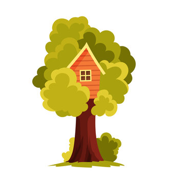 Tree house. Children playground with swing and ladder. Flat style  illustration. Tree house for playing and parties. House on tree for kids. Wooden town, rope park between green foliage