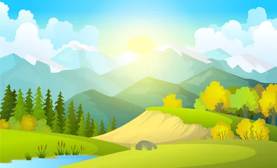 Fotobehang illustratie van mooie zomerse velden landschap met een dageraad, groene heuvels, felle kleur blauwe lucht, land achtergrond in platte cartoon stijl banner © the8monkey