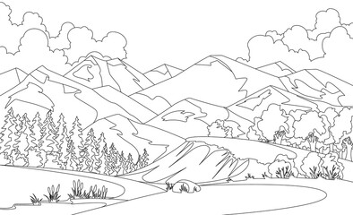  coloring illustration of beautiful summer fields landscape with a dawn, mountian hills, sky, country background in flat cartoon style banner. Sketch style