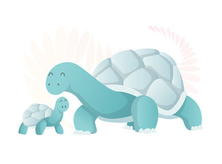 Two walking turtle. Animals mom and baby. Cartoons cute animals in flat style. Print for clothes.  illustration