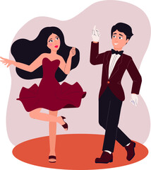 A dancing couple on a sick or Latin American dance program.   Male and female cartoon characters perform dances at school or at a party. Vector illustration isolated on a white background