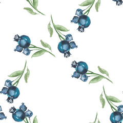 seamless pattern with forest botany. Watercolor background with blueberry, leaves, berries and Black currant for design, fabric, paper, wallpaper, packaging. Hand drawn illustration. honeysuckle 