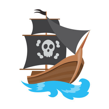 recommend clip art: Wooden pirate buccaneer filibuster corsair sea dog ship icon game, isolated flat design. Color cartoon frigate.  illustration