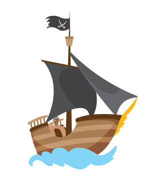 recommend clip art: Wooden pirate buccaneer filibuster corsair sea dog ship icon game, isolated flat design. Color cartoon frigate.  illustration