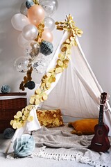Teepee Tent Party background. Hygge kids party space  
