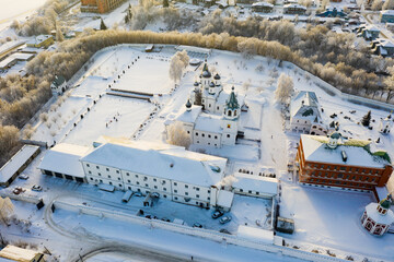 Obraz na płótnie Canvas Aerial panoramic view of architectural ensemble of Spaso-Preobrazhensky Monastery in Russian town of Murom on sunny winter day