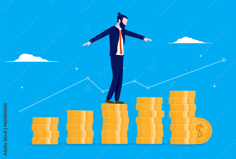 Aufkleber Businessman balancing on stack of money with rising graph in background. Business growth and profits concept. Vector illustration.