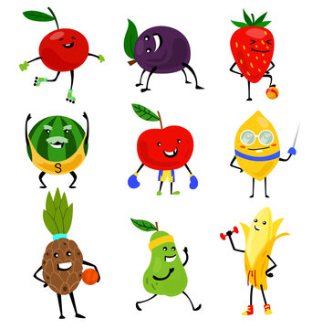 Sport fruits characters. Funny fruit foods on sport exercises, fitness vitaminic human healthy nutrition  illustration