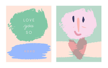 I love you so xoxo. Mothers' day Birthday Valentine's Day card. Paintbrush kids drawing style love hands holding heart. Set cute greeting cards postcards pretty smile smiling face. Flat design collage