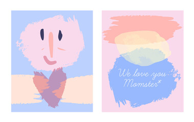 Love you so Mom, Momster. Mothers day Valentine's day baby shower card. Pastel colors flat design kids drawing set cute greeting card postcard. Paintbrush love heart in hands. Pretty smile face